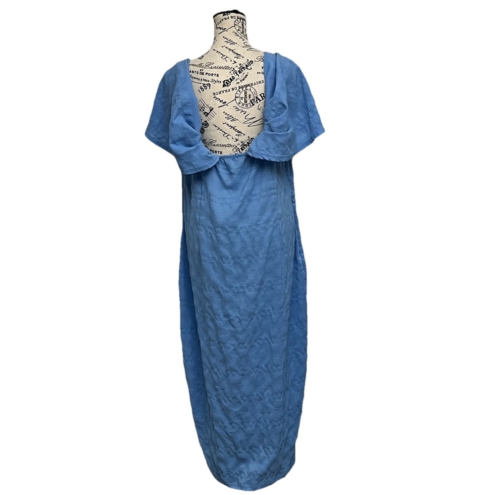 Pretty Little Thing PLUS BLUE TEXTURED BARDOT MIDI DRESS 16 Preppy Coastal Beach - Picture 6 of 11